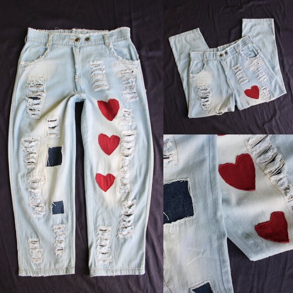 Paper Lacer vintage Heart patch Distressed Baggy Jeans Boho Cottage Patchwork S - Picture 1 of 9